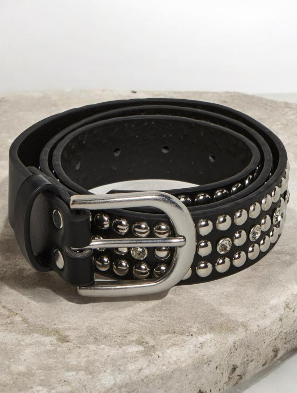 Black Studded Leather Belt w/ Crystal & Metal Studs Silver Hardware- Size: 39"